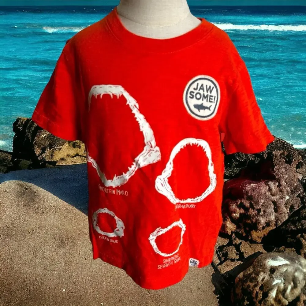 5/$35    Gap Boys Tee Shirt Size 4 Orange JawSome Jaw Some Shark Print Slub Knit